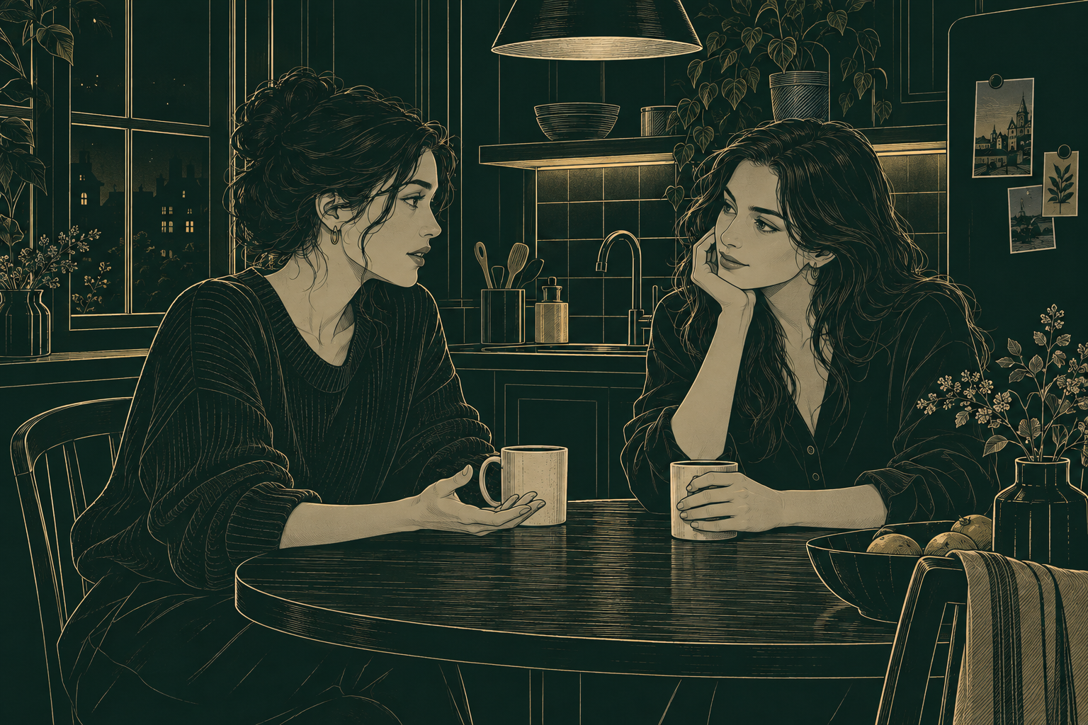 Two women talking privately over cups at a kitchen table, one speaking while the other listens.