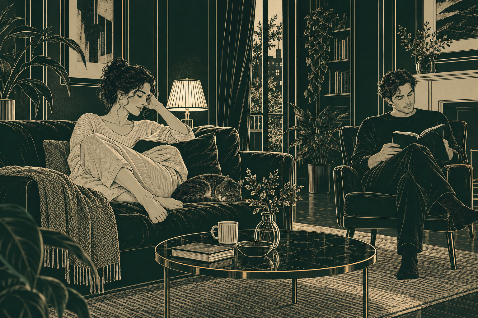A woman resting comfortably on a sofa while someone close reads nearby in a softly lit room.
